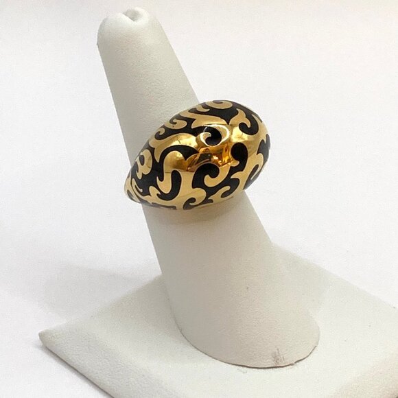 Black Enamel Gold Tone REBECCA Chunky Dome Swirl Pattern Ring Size 6.75 J728 - Picture 10 of 12